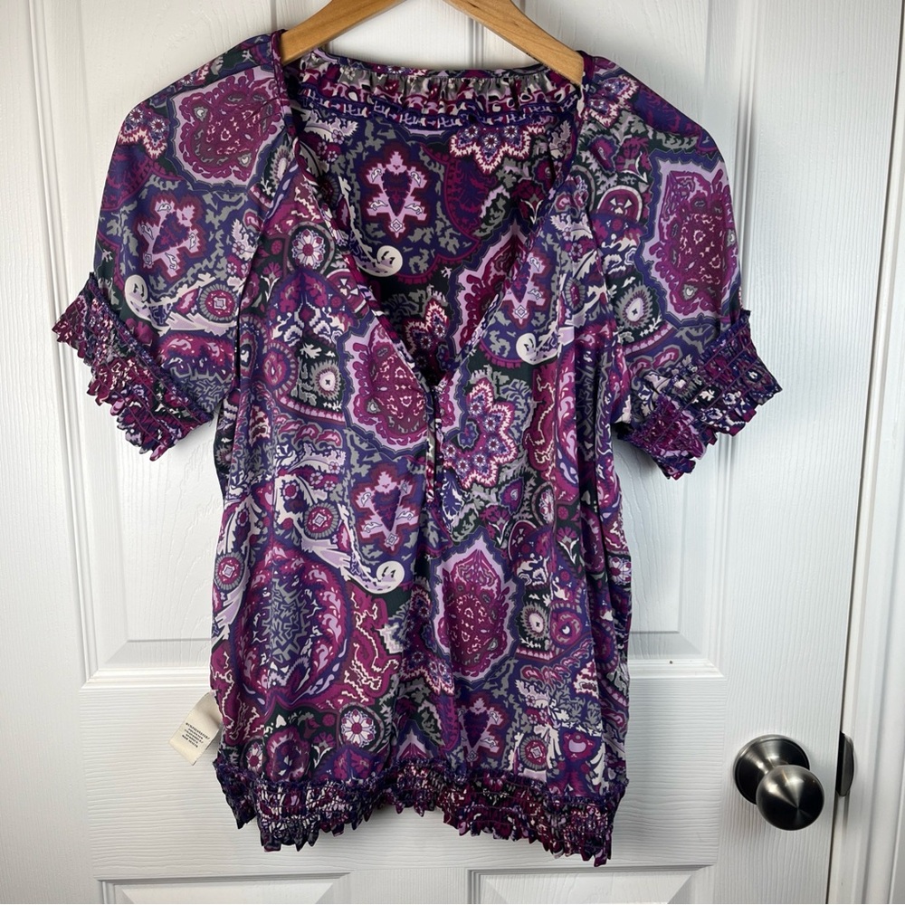 eci New York Multi Purple & Gray Blouse Elastic Waist Hem Ruffles Women’s Size 8 - Picture 10 of 14